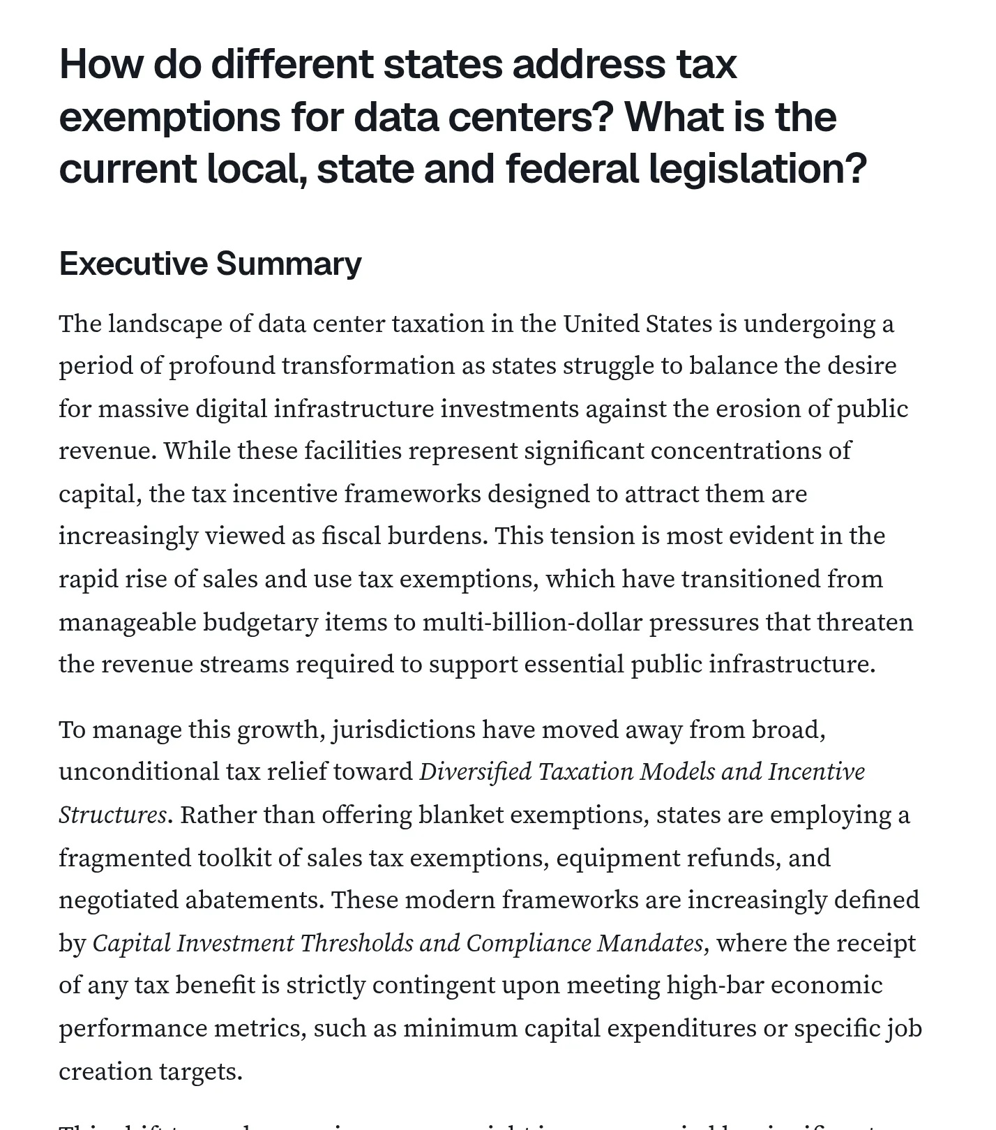 The insum Research Report for the question: How do different states address tax exemptions for data centers? What is the current local, state and federal legislation? The page shows the title and the opening of the executive summary.